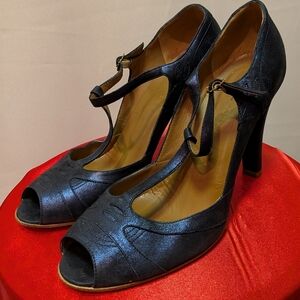 Marc Jacobs Midnight Blue Metallic T-Strap Peep-Toe Heels